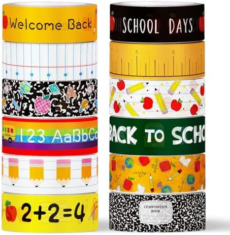 Whaline 12 Rolls Back to School Washi Tape Masking Tape Set Composition Notebook Speckled Pencil Apples Classroom Wrapping Paper Tapes for First Day of School Scrapbook Journal DIY Crafts