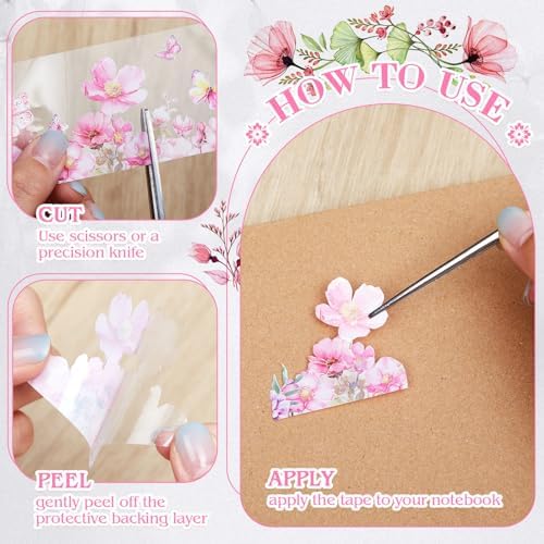 Gilprop 5 Rolls Floral Washi PET Tape Set Flower Butterfly Scrapbook Junk Journal Supplies, Clear Decorative Tape Stickers DIY for Arts Crafts Bullet Planner, 50mm Wide x 78. 74 Inch Long/roll