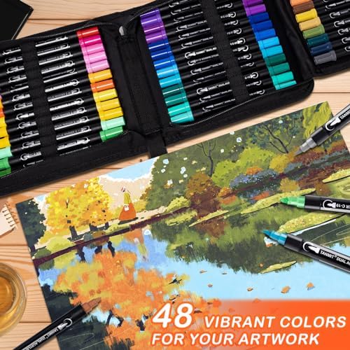 TANMIT 48 Colors Dual Tip Acrylic Paint Markers, Paint Pens Set with Brush Tip and Fine Tip For Fabric, Rock, Wood, Glass, Eggs, Scrapbook, DIY Crafts Making Art Supplies - Teacher Appreciation Gift