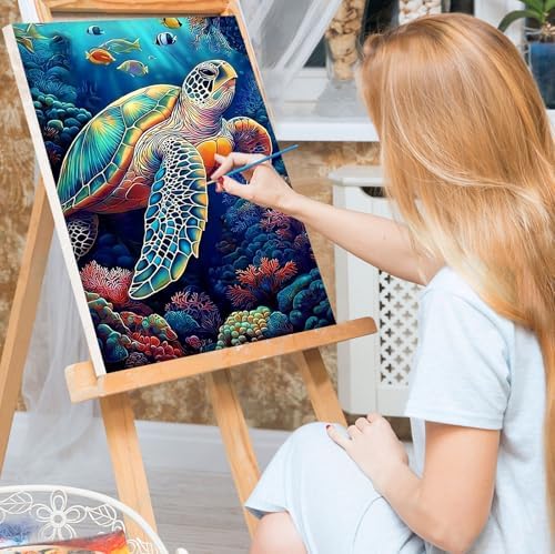 Bowetile Framed Paint by Numbers Sea Turtle for Adults Beginners, Adults' Paint-by-Number Kits, Easy Adult Paint by Number Kits on Canvas, Acrylic Animals Number Painting for Home Decor, 8x12in