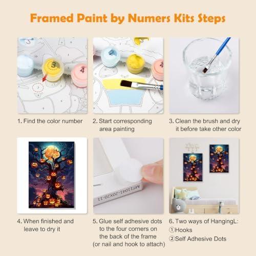 MOGTAA Halloween Paint by Numbers Kit for Adults Beginners with Frame, Pumpkin Tree Adult Paint by Number Kits on Canvas with Easel, Easy DIY Landscape Oil Painting Kits for Home Decor, 8x12in
