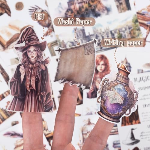 Pre-Cut Magic Sticker Book for Junk Journal, 20 Sheets Wizard Sticker Vintage Ephemera PET Washi Paper Materials for Scrapbooking, Journaling, Collage