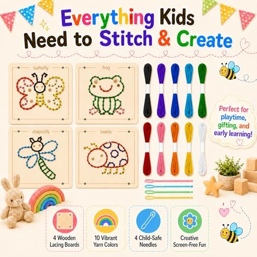 Montessori Wooden Lacing Toys for Toddlers and Kids Ages 2-4 5-7, Sewing Kit Fine Motor Skill Busy Board, Education Sensory Preschool Toy for 1 2 3 4 Year Olds, Birthday Gift for Boys and Girls