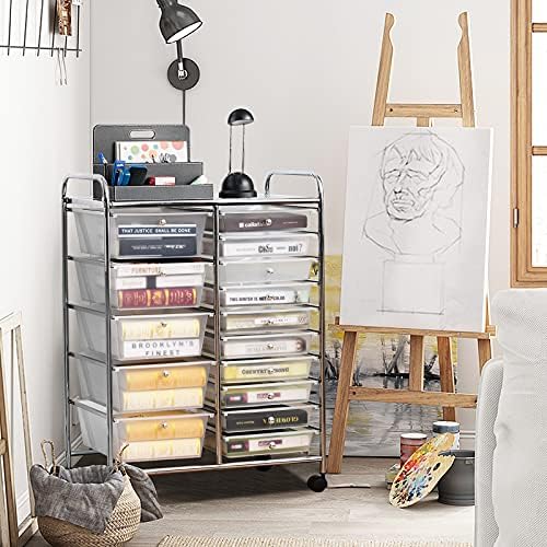 GOFLAME 15-Drawer Rolling Storage Cart, Craft Storage Cart with Removable Drawers & Lockable Wheels, Art Cart Supply Storage Organizer for Home Office Classroom, Clear