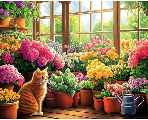 Natuyalo Paint by Numbers for Adults Cat in Garden, DIY Painting by Numbers Kit on Canvas, Flowers Easy Acrylic Paint by Number for Beginners Home Wall Art Decoration 16x20 Inch