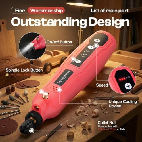Tangting 45-Pc Mini Rotary Tool Kit, Rechargeable, 5-Speed & LED(Pink)