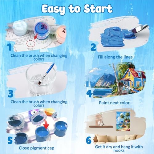 MAXBYE Paint by Numbers Kit for Adults with Frame and Wooden Easel, Easy Beach Landscape Painting Numbers Art Kits on Canvas, DIY Acrylic Painting Kit for Gift Home Wall Garden Decor 10×14 in