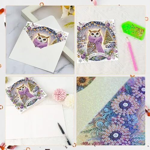 6Pcs Christmas Greeting Card DIY Diamond Art Painting Greeting Cards Blessing Folding Card Kit with White Envelopes Diamond Arts Crafts for Birthday Festival Gift-Owl