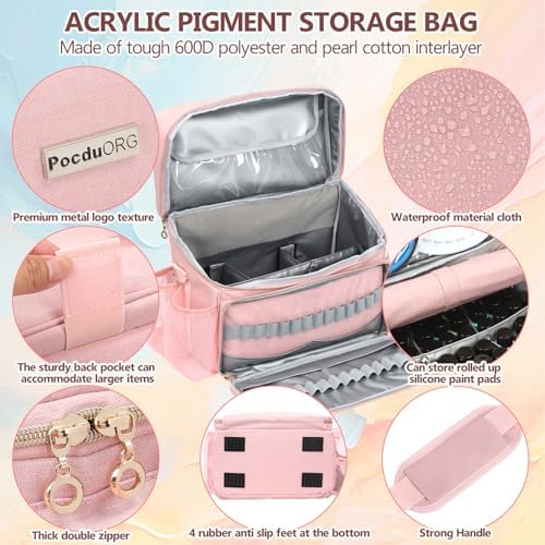 Acrylic Paint and Brush Set Organizer Bag - Carrying Case Compatible with Apple Barrel, Shuttle Art, Caliart Art Supplies - Includes Detachable Paint Brush Holder - for Home/Travel/Outdoor (Pro Pink)