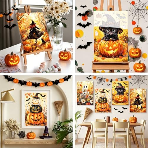 4 Pack Halloween Framed Paint by Numbers Kit for Adults Beginners 8x12 inch | Halloween Adult Paint by Number Kits on Canvas with Frame - Wooden Easel, DIY Acrylic Oil Painting Kits for Gift Home Decor