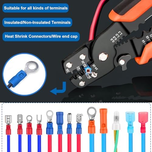 smseace Orange Wire Crimping tool Wire crimper,stripper and cutterfor insulated/Bare/Heat Shrink connectors(22-10 AWG) Multifunctional stripping crimping pliers Wire stripper and crimping tool