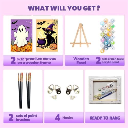 2 Pack Halloween Paint by Numbers Kit for Kids with Frame & Easel 8x12 Inch