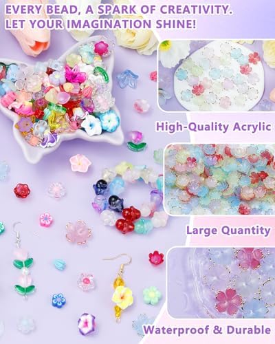 FIVEIZERO Flower Charms, 300Pcs 8 Colors Acrylic Cherry Blossom Beads