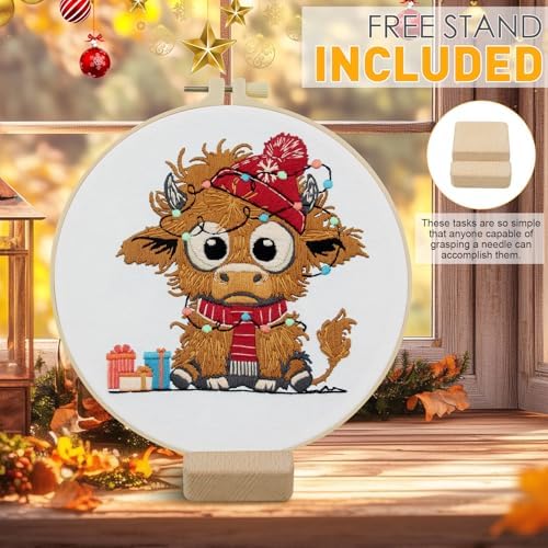 Christmas Highland Cow Embroidery Kit for Beginners Adults Easy Embroidery Starter Kit Highland Cow Christmas Hat Cross Stitch Kits Embroiderys Hoop Needlepoint Kits with Instruction Needles Thread