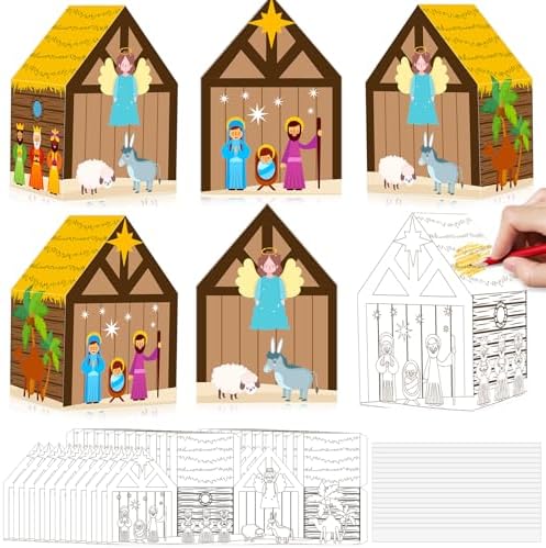 Tenceur 24 Sets Christmas Nativity Crafts Color Your Own Xmas Nativity 3D House Gift Make Your Own Jesus Birth Scene for Holy Night Christian Party Favor Religious Decor Sunday School Project