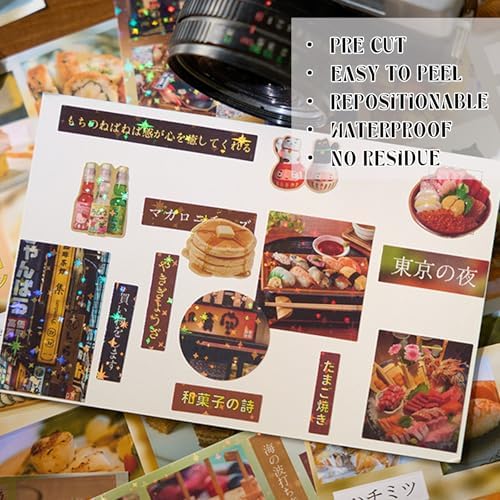 Japanese Food Sticker Book - 20 Sheets Kawaii Sushi Ramen Stickers for Journals, Planners, Scrapbooking & Water Bottles - Retro Izakaya Vibe Vinyl Decals (277 Pcs, Brown)