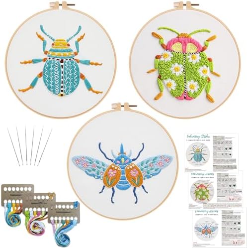 Louise Maelys Beetle Embroidery Kit for Beginners 3 Pack Nature DIY Set