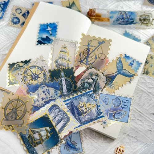50PCS Travel Stamp Stickers, Gold Foil Scrapbook Supplies | Waterproof Vintage Travel Stickers for Journal,Planner,DIY Craft,Diary, Water Bottle,Laptop
