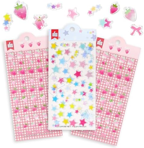 Strawberry & Star Sticker Kawaii Set - 3 Sheets Funny Decals Cute Pink Decorative Stickers for Journaling, Scrapbooking Laptop Phone Case Album Luggage Skateboard Water Bottles