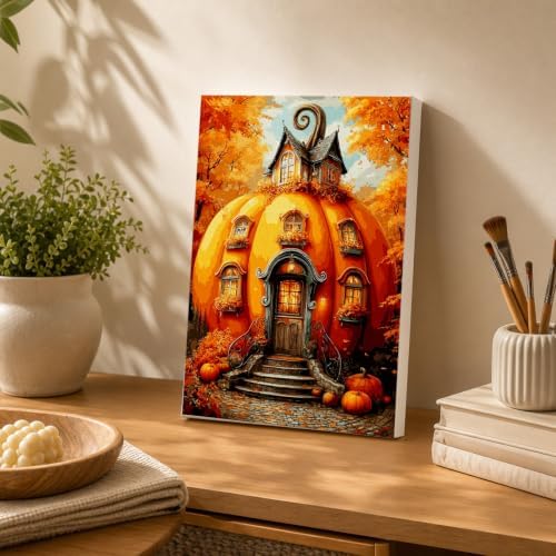 Spandrel Pumpkin House Framed Paint by Numbers Kit for Adult, Halloween Adult Paint by Number Kits on Canvas, DIY Acrylic Oil Easy Autumn Painting by Numbers Fall for Home Wall Decor, 8x12in