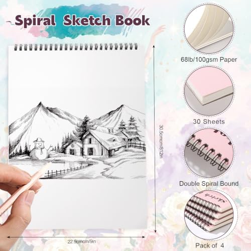 4 Pack Sketch Book 9 × 12 Inch, Top Spiral, 30 Sheets Each, Pink | 100gsm Acid-Free Paper, Hardcover with Rigid Backing, Lay-Flat Top Spiral, Ideal for Graphite, Ink & Charcoal
