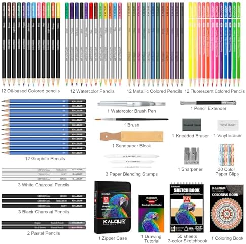 KALOUR PDAS 112 Drawing Set Sketching Kit, Pro Art Supplies with 3-Color Sketchbook & Coloring Book, Neon, Colored, Watercolor, Metallic, Graphite, Charcoal Pencils, Gift for Artists Adults Teens
