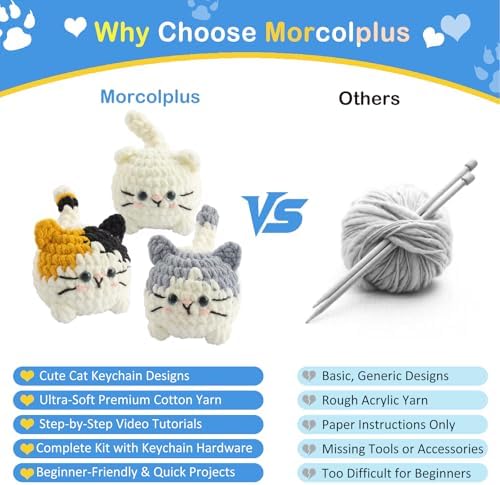 Morcolplus Crochet Kit for Beginners, 3-Pack Amigurumi Animal Crochet Starter Kit with Video Tutorials & Instruction Book, DIY Yarn Craft Kit, Gift for Cat Lovers