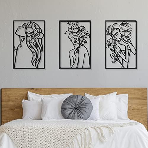 CHENGU 3 Pieces Metal Minimalist Abstract Woman Wall Art Line Drawing Wall Art Decor Single Line Female Home Hanging for Kitchen Bathroom Living Room