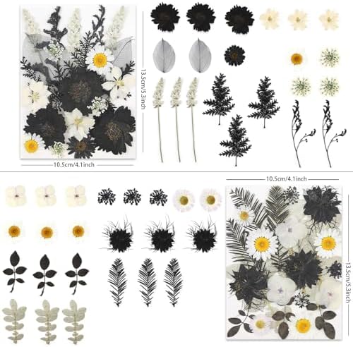 LUXEEASE 90P Halloween Black & White Dried Pressed Flowers | Gothic elegant craft accent, for resin jewelry scrapbook card candle frame party spooky decor, tweezers included