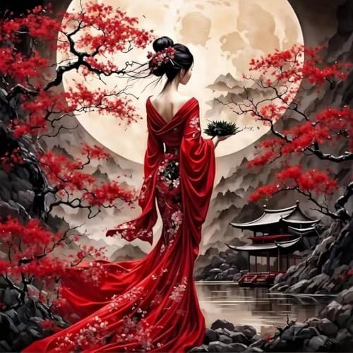 OJTOYART Diamond Art Kits for Adults, Oriental Lady & Moon 5D DiamondPainting Kits for Beginners, DIY Diamonds Dots Paint by Gem Art,Beginner Home Wall Decor 13.79 X 13.79 Inch