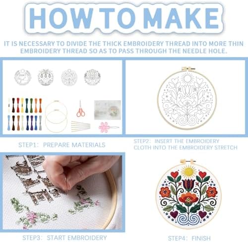 FREEBLOSS 4 Pack Embroidery Kit for Beginners Folk Art Stamped Embroidery Starter Kit with Instruction Cross Stitch Needlepoint Kits for Crafts Adults with 2 Hoops 20cm/7.9inch