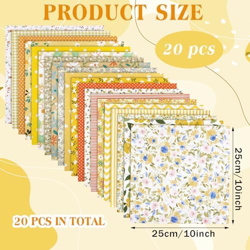 HunnmingRe 20 Pcs 10''x10'' Yellow Flower Quilting Fabric Square Spring Floral Precuts Quilted Fabric Bundle Plaid Polka Dot Stripes Printed Sewing Material for Summer Patchwork DIY Craft Supplies