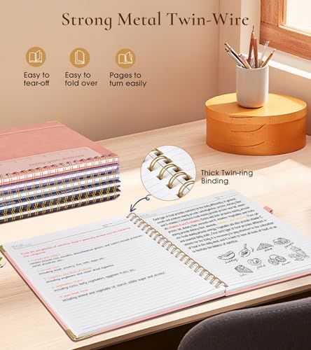 Hardcover Spiral Notebook Journal 8.5” x 11”, A4 Large Leather Notebooks for Women Men, Lined College Ruled Notebook, 100 GSM Paper, Spiral Bound Journals for Work School Note Taking Business, Pink