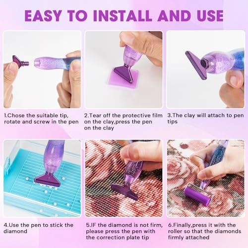 Ergonomic Diamond Painting Art Pen Accessories Kits with 6 Metal Tips, 6 Painting Glue Clay, Roller,Multi Placer Tips for DIY Crafts