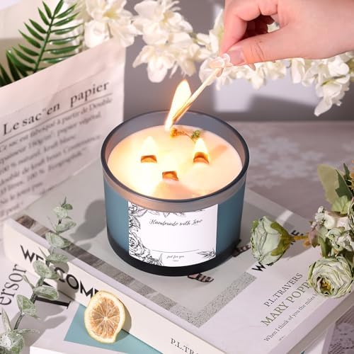 6 Pack Glass Candle Jars with Lids (16oz, Frosted Lake Blue) - Large Candle Jars for 3 Wick Candles Making - Empty Candle Jars Containers - Candle Making Accessories include 16Pcs Candle Labels