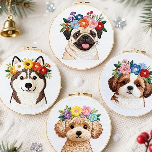 FREEBLOSS 4 Set Embroidery Kit Dog and Flower Stamped Embroidery Starter Kit with Step By Step Instructions, Colored Threads, 2 Hoops, Needlepoint Kits for Hand Craft Lovers Gift, 30cm/11.8inch