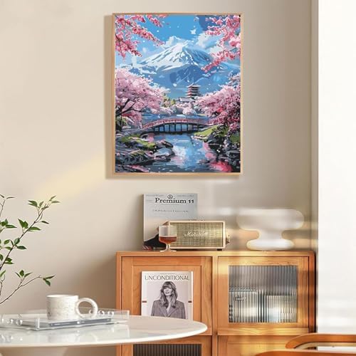EIBEILI Mount Fuji Paint by Numbers Kit for Adults Beginner,Cherry Blossoms Adult Paint by Number Kits on Canvas,Easy Canvas Paint by Numbers for Adults for Home Wall Decoration 12 X 16 inch