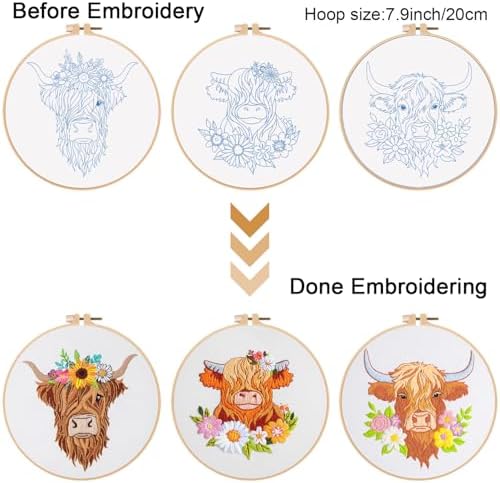 Louise Maelys 3 Set Highland Cow Embroidery Kit for Beginners Floral