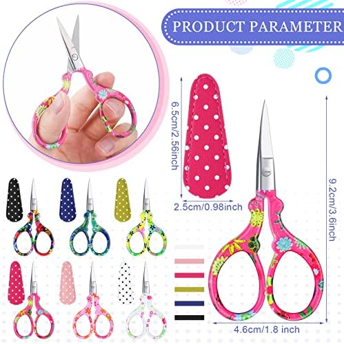 Therwen 6 Pcs 3.6 Inch Embroidery Scissors with Artificial Leather Cover Stainless Steel Vintage Craft Scissors for Crafting Threading DIY Needlework Art Manual Handicraft (Colorful)