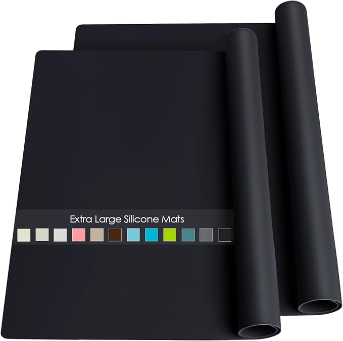 2 Pack Extra Large Silicone Mats for Baking Crafts, Multipurpose Kids Dinner Placemat Desk Countertop Waterproof Protector Heat Insulation Kitchen Pastry Rolling Dough Pad, Black, 23.6 x15.75 Inch