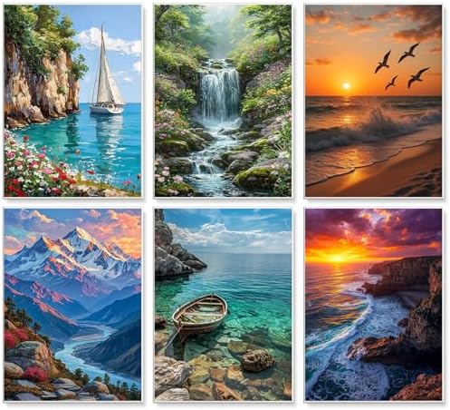 6 Pack Paint by Numbers Kit for Adults Beginner Landscape, 10x14 Inch | Beach DIY Acrylic Painting, Without Frame Canvas, Stress Relief Craft Kits, For Home Wall Decor Gift