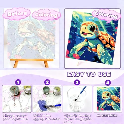 Gemozaic Sea Turtle Paint by Numbers Kit for Kids Ages 4-8-12, 8 x 8 INCH