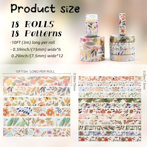 18 Rolls Gold Floral Washi Tape Set,15mm&7.5mmGold Foil Colored Floral Pattern Decorative Tape,Decorative Masking Tapes for DIY Scrapbook Design Journaling Handbook Making Card Wrap Craft Gift