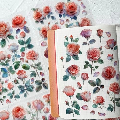 Watercolor Roses Stickers for Scrapbooking, Self-Adhesive Flowers Stickers Journal Embellishment Supplies for Art Craft Decorations