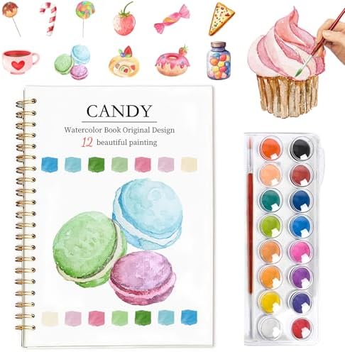 Easy Watercolor Workbook for Beginners - 12 Beautiful Step-by-Step Paintings Water Coloring Book, Includes 16 Colors Paints, Relaxing Art Projects and Creative Gift for Adults & Teen (Candy)