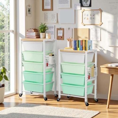 Rolling Cart with 4 Drawers, Plastic Drawer Storage Carts with Wheels & Wooden Tabletop, Metal Utility Cart with Pegboards, Office Living Room Classroom Craft Organization and Storage, Bright Green