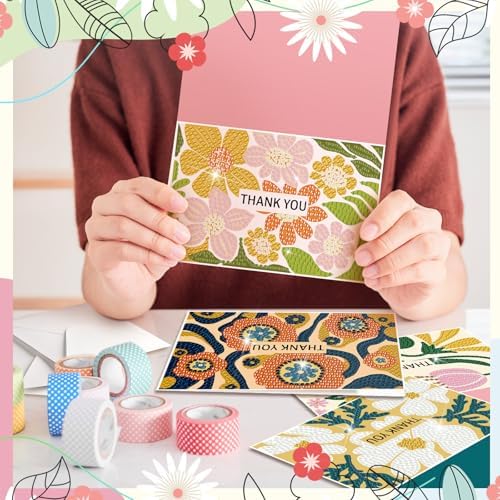 Saillong 12 Pack Thank You Diamond Painting Greeting Card Kit DIY Spring Flower Diamond Art Cards with Envelope Teacher Appreciation Gift 5D Rhinestones Painting Making Kit for Adult Teacher DIY Craft