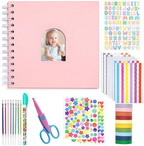 Kid Scrapbook DIY Photo Album Hard Cover Scrapbook Kit for Kids Instant Camera Print Paper with DIY Accessories (Pink)