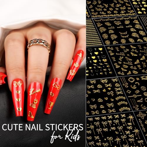 Teenitor 50 Sheets Nail Stickers for Nail Art, Nail Decals Gold Nail Stickers for Kids Women in Fall Winter Halloween Christmas, Nail Decorations
