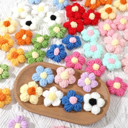50 Pcs Crochet Flowers Knitted Yarn Flowers Handmade Crochet Flower Cute Flower Sew/Iron On Patches, Beautiful Crocheted Floral, for Crafts Embellishments, Clothing, DIY Hair Headbands (14 Colors)